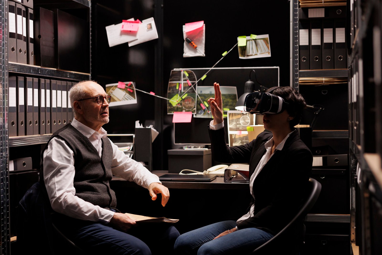 Private investigator wearing virtual reality goggles