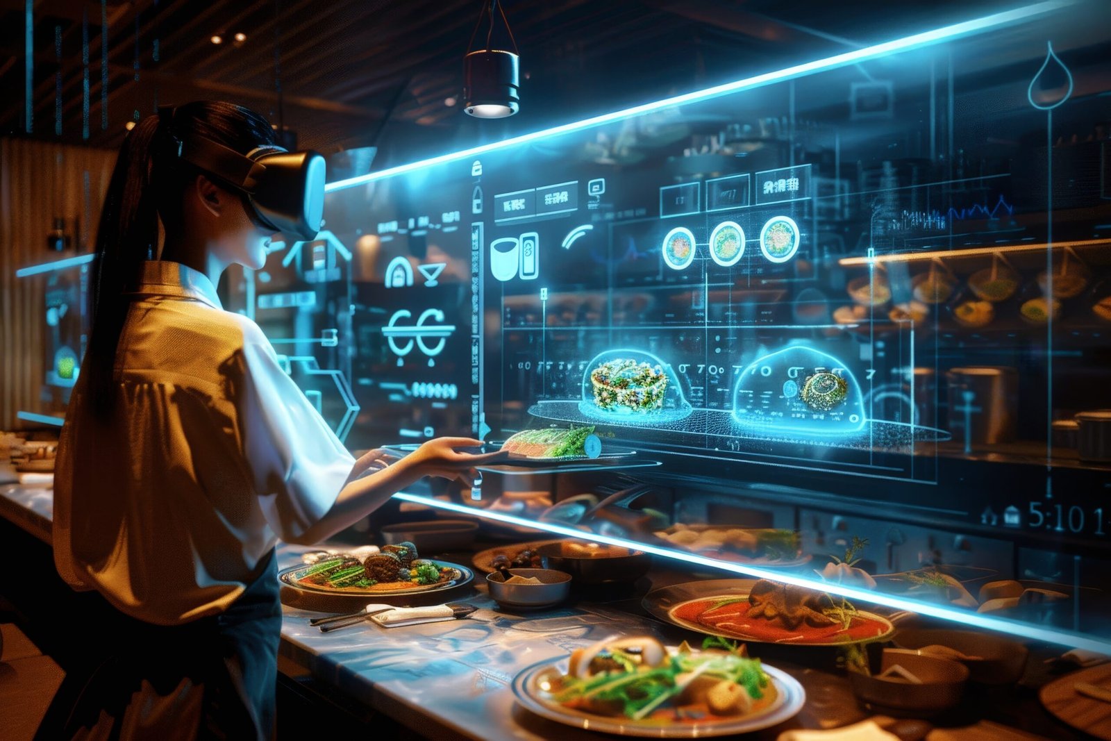 A digital restaurant with holographic menus, virtual dining experiences, and AI-powered kitchens.